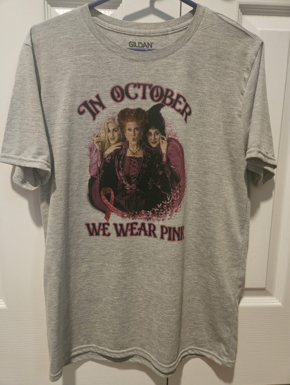 "In October We Wear Pink" Sanderson Sisters Tee, Gray (Size M)